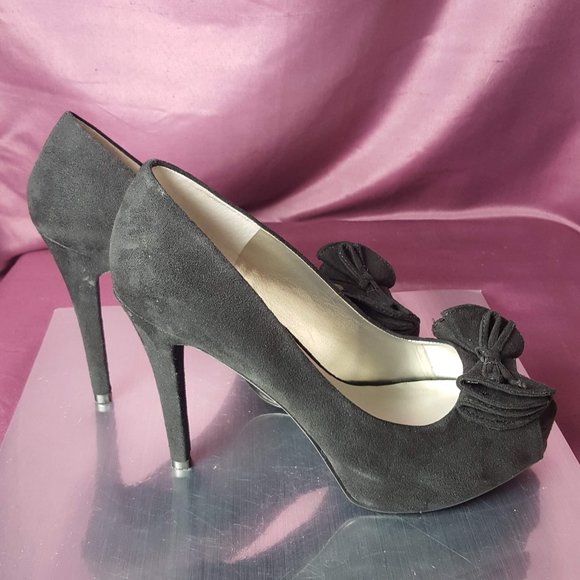 Guess Black Platform Peep Toe Bow Heels 6.5 Fabric - Picture 3 of 11